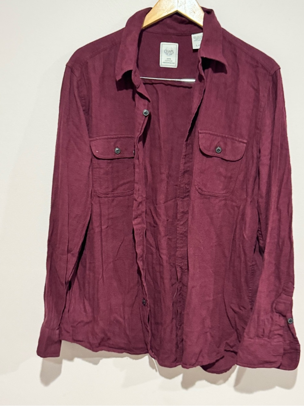 Vtg Chaps Men's 100% Cotton Herringbone Button-Up Shirt Burgundy Long Sleeve L